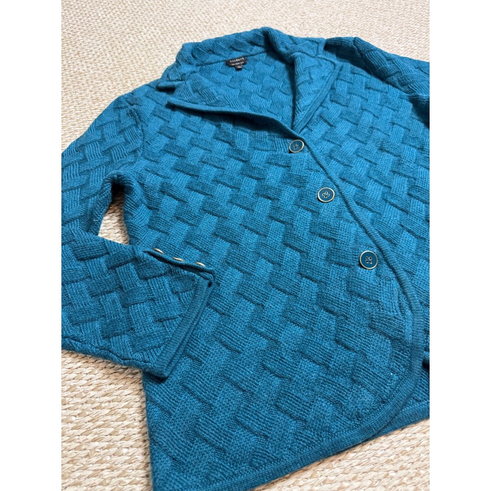 Talbots Teal Pure Merino Wool Basketweave Button Cardigan Sweater L quiet luxury